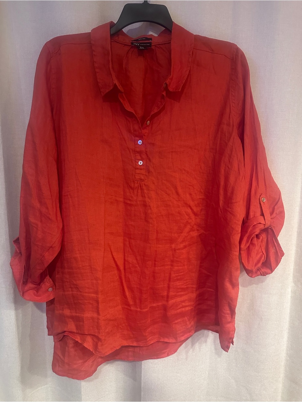 Jones New York Red Linen Roll-Tab Henley Tunic
